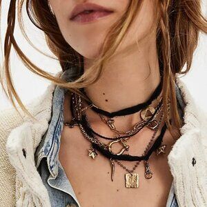 FREE PEOPLE Maggie May Layered Necklace In Gold & Black NWT